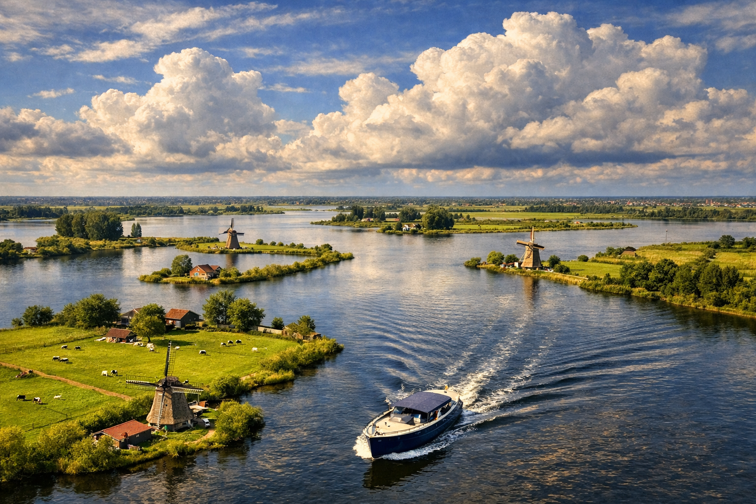 Prachtige omgeving met molens en water vanaf de boot